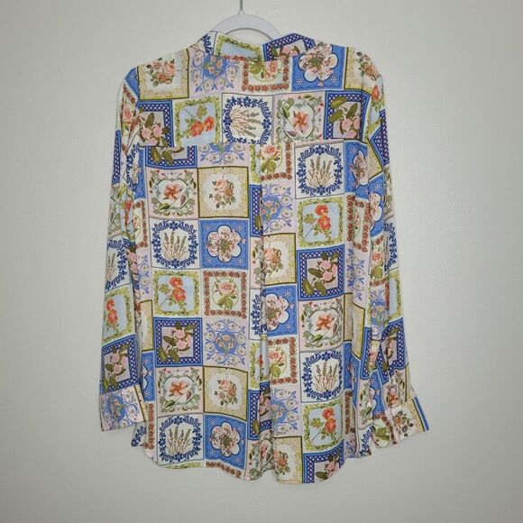 Rose + Olive flower square print vintage vibe button front long sleeve Size L - Picture 2 of 8